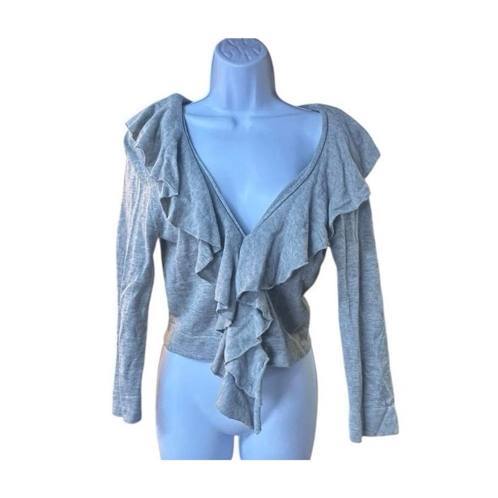 Cache Gray Open Front Ruffle Cardigan Long Sleeve Cascading Ruffles Y2K L
